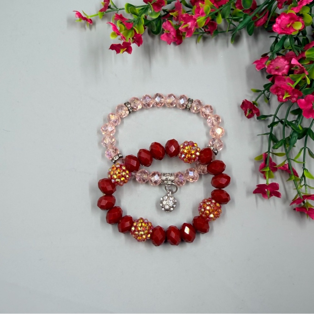 Vintage Genuine Crystal Red and Pink Beaded Bracelet Set